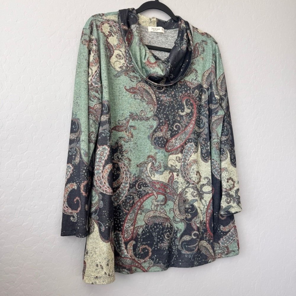 Jess & Jane XL Acorn Tunic Top Green Long Sleeve Paisley Cowl Neck - Picture 2 of 6
